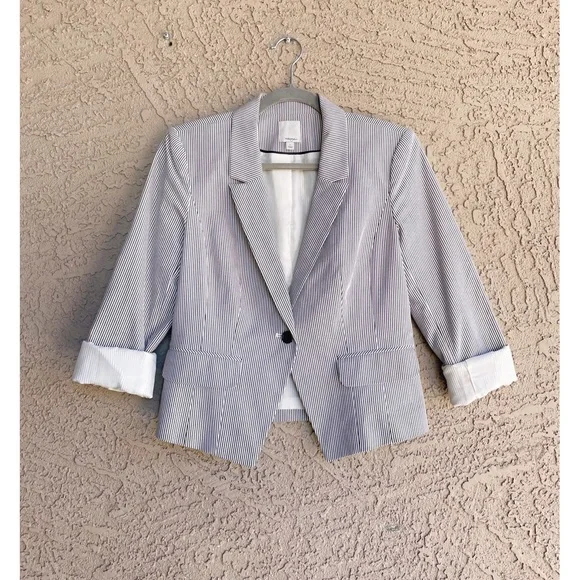 HALOGEN Blue & White Striped Pinstripe Stretch Cotton Suit Jacket Blazer - Picture 10 of 10